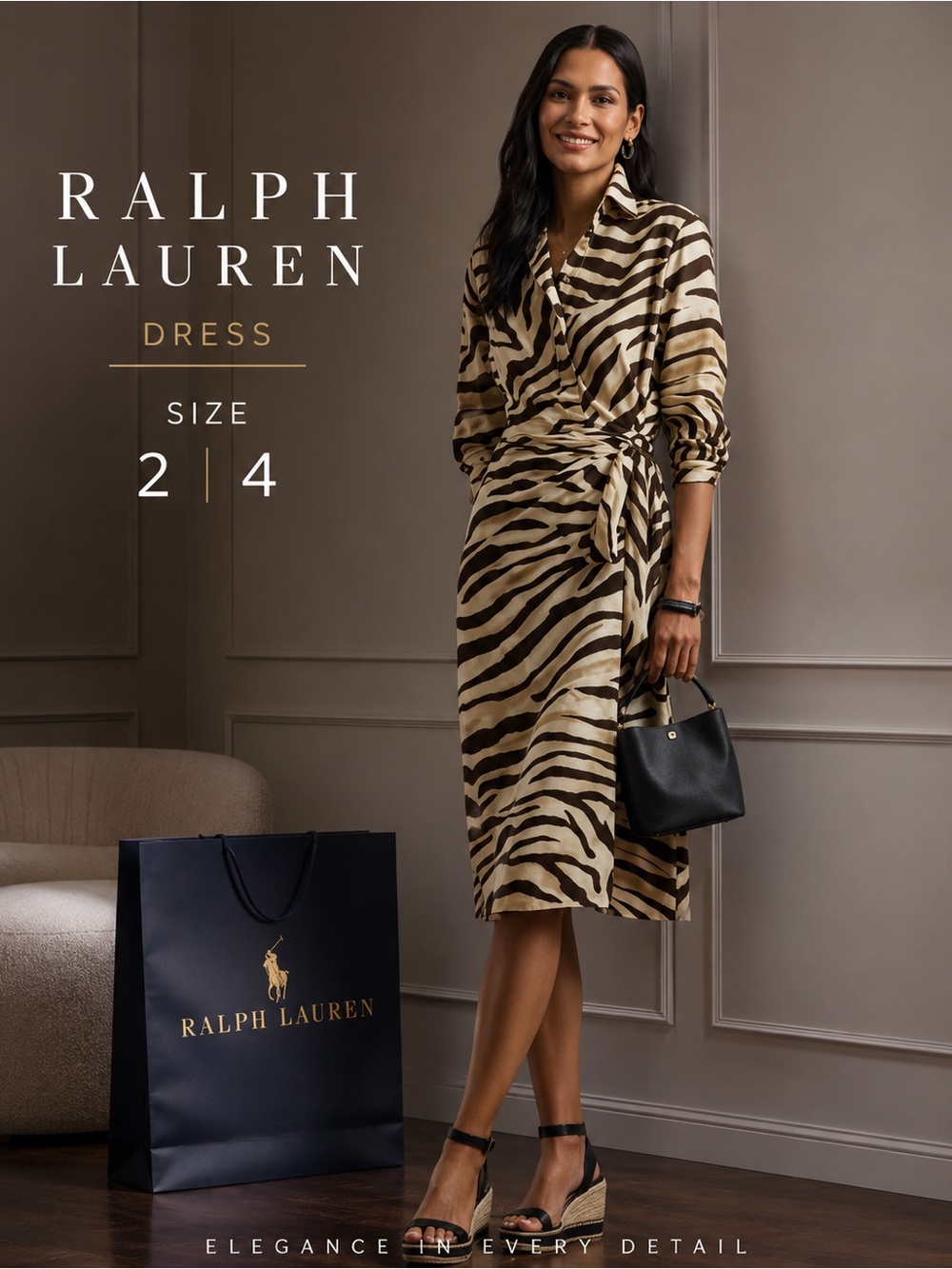 Ralph Lauren Beige and Black Zebra-Print Side Tie Midi Dress
